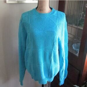 Vintage Finalist Knit Sweater Size L Turquoise Pointelle Chunky Boxy Crewneck